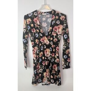Everly Dress Women's Large Floral V-Neck Long Sleeve Skater Stretch Black